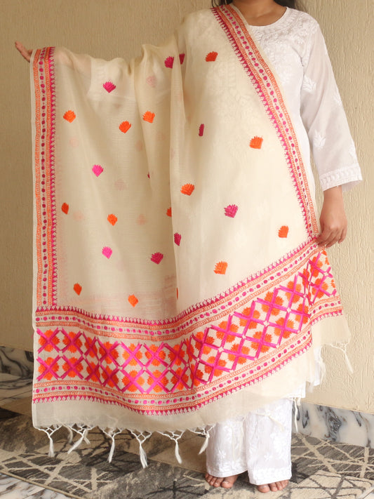 Phulkari Kota Doria Dupatta Hand Embroidered-NS296