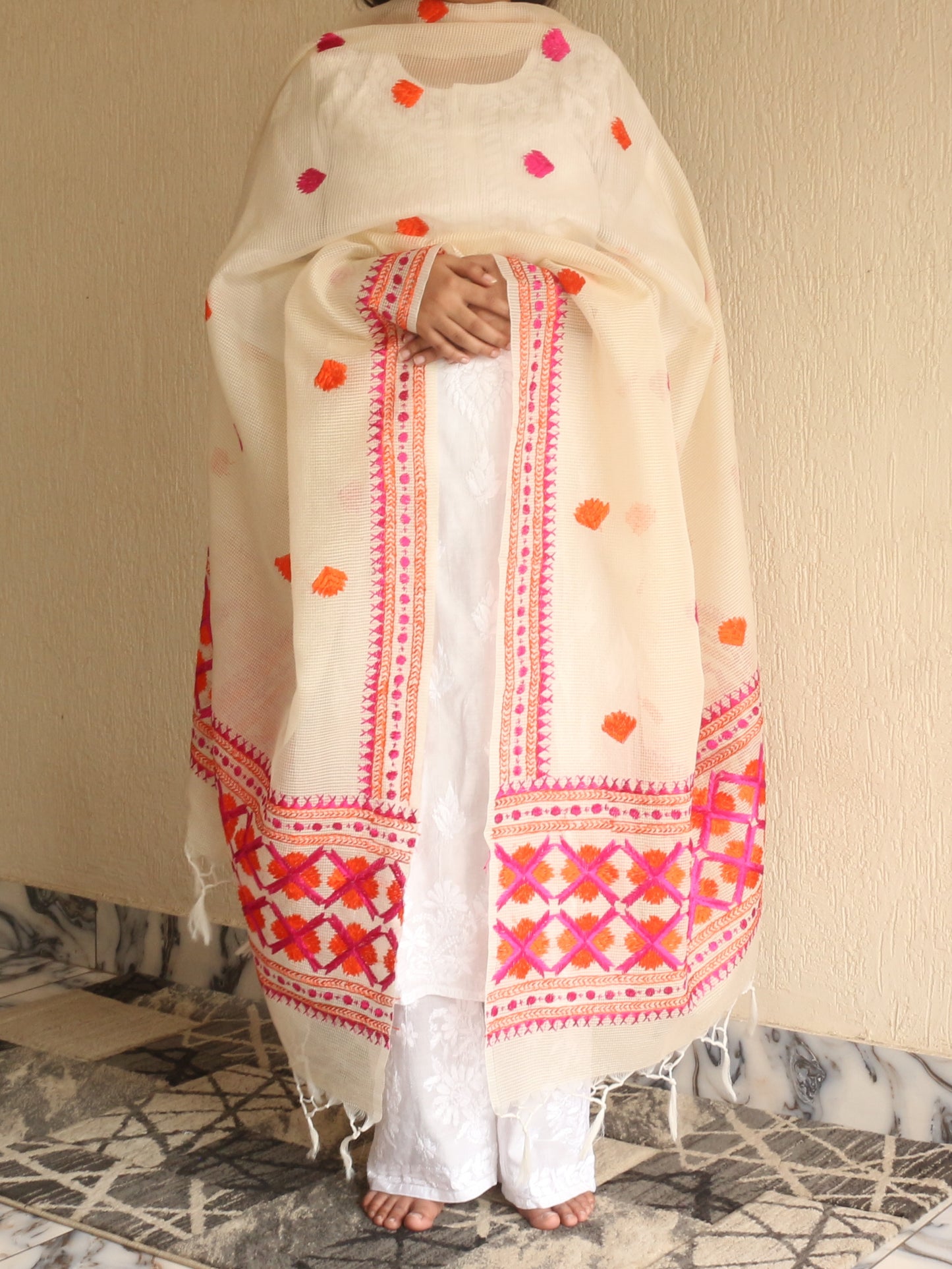 Phulkari Kota Doria Dupatta Hand Embroidered-NS296