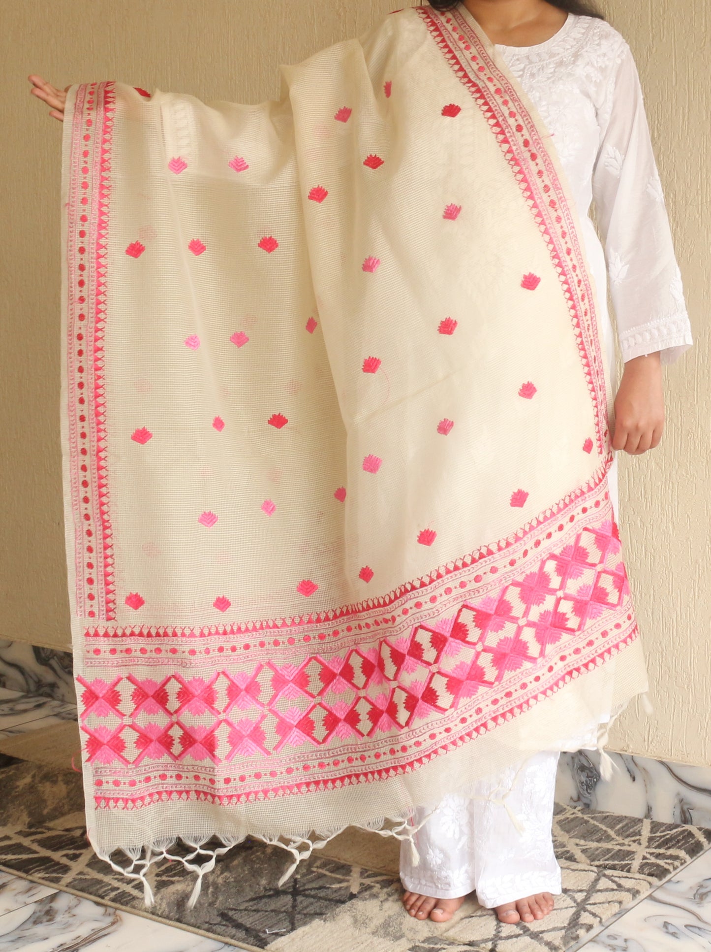 Phulkari Kota Doria Dupatta Hand Embroidered-NS298