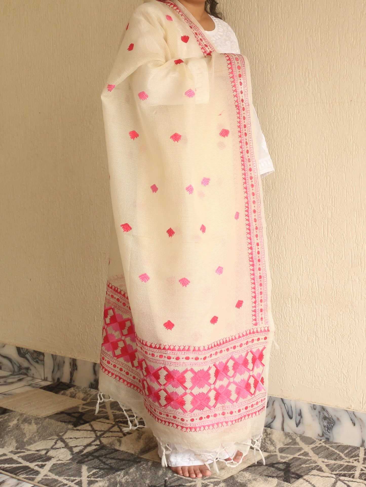 Phulkari Kota Doria Dupatta Hand Embroidered-NS298