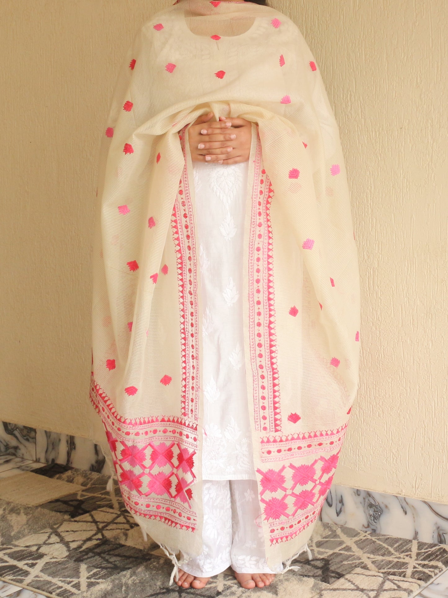 Phulkari Kota Doria Dupatta Hand Embroidered-NS298