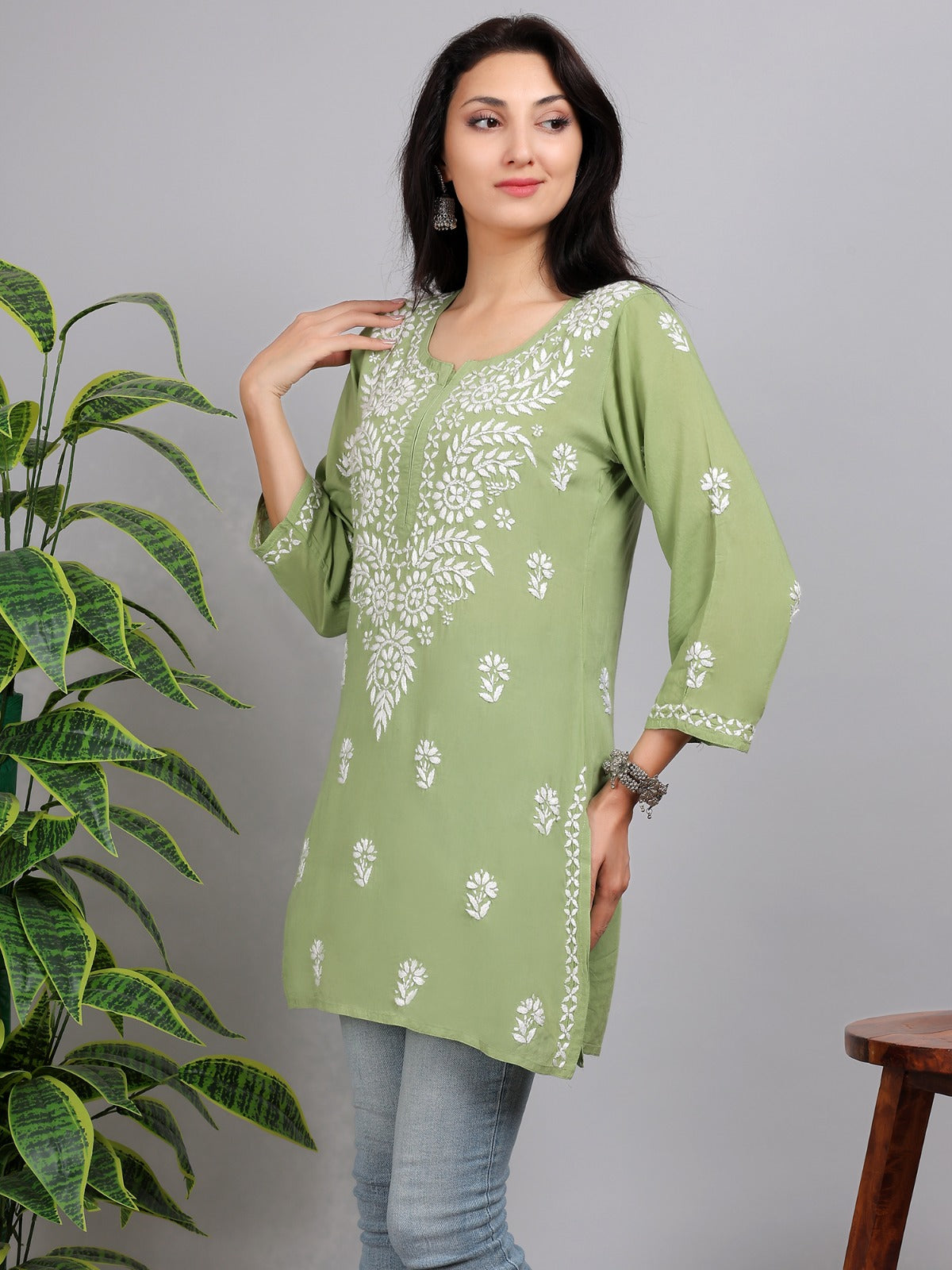 Chikankari Modal Short Kurti Top Hand Embroidered-NS32