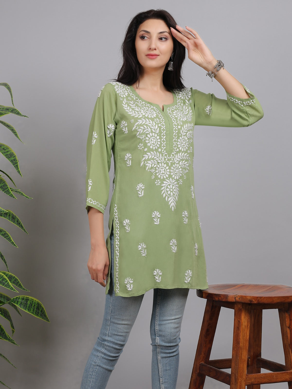 Chikankari Modal Short Kurti Top Hand Embroidered-NS32