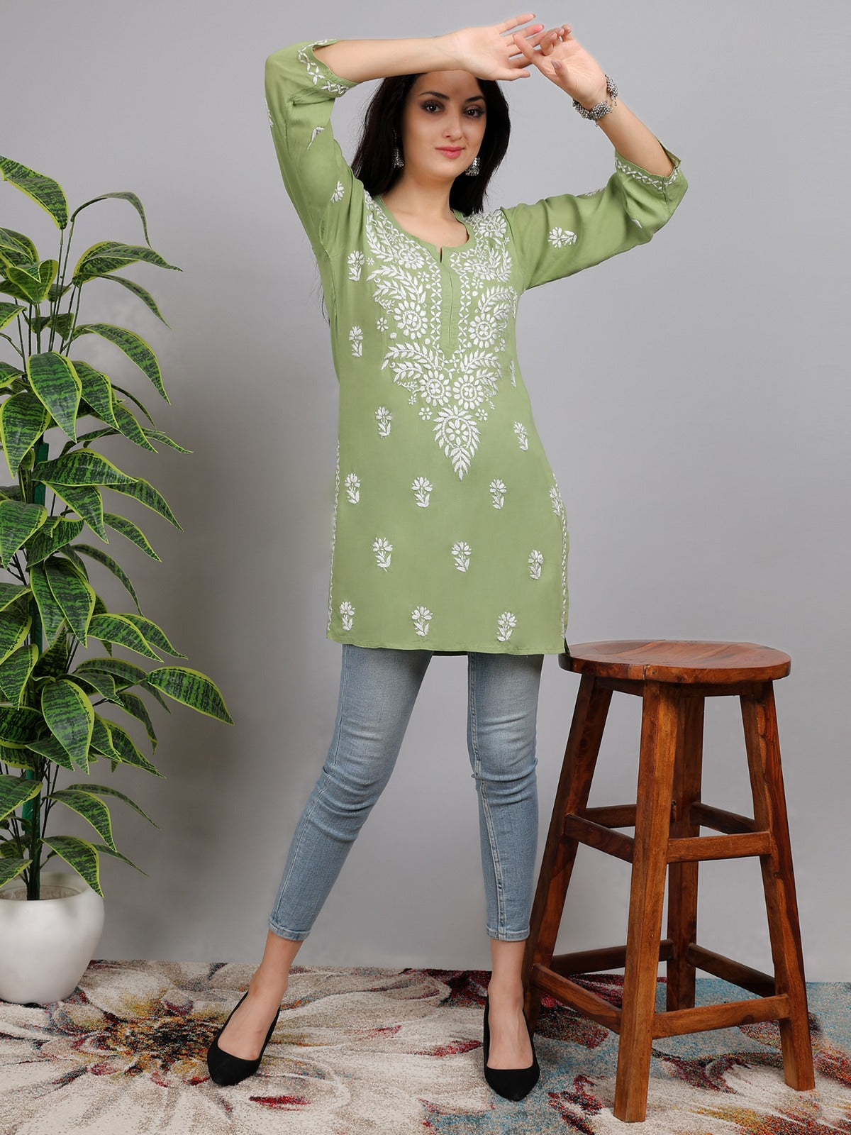 Chikankari Modal Short Kurti Top Hand Embroidered-NS32