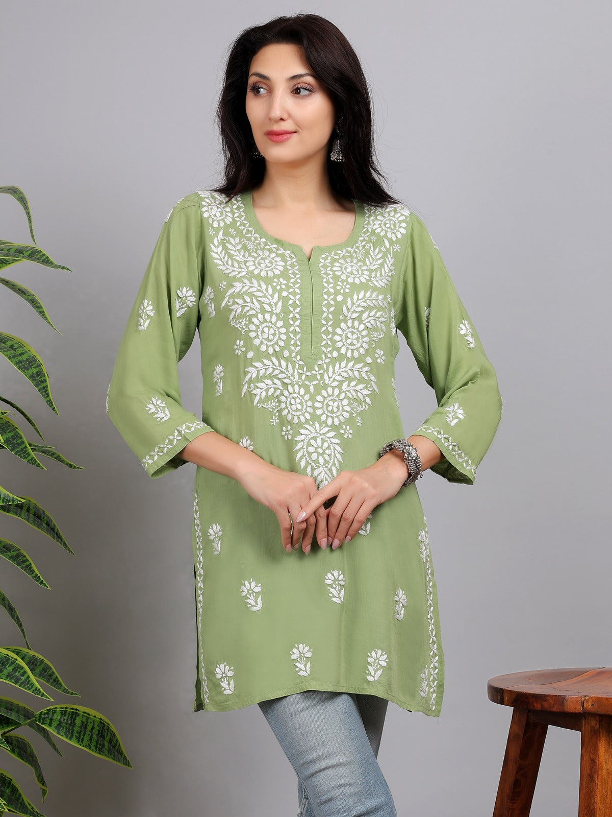 Chikankari Modal Short Kurti Top Hand Embroidered-NS32