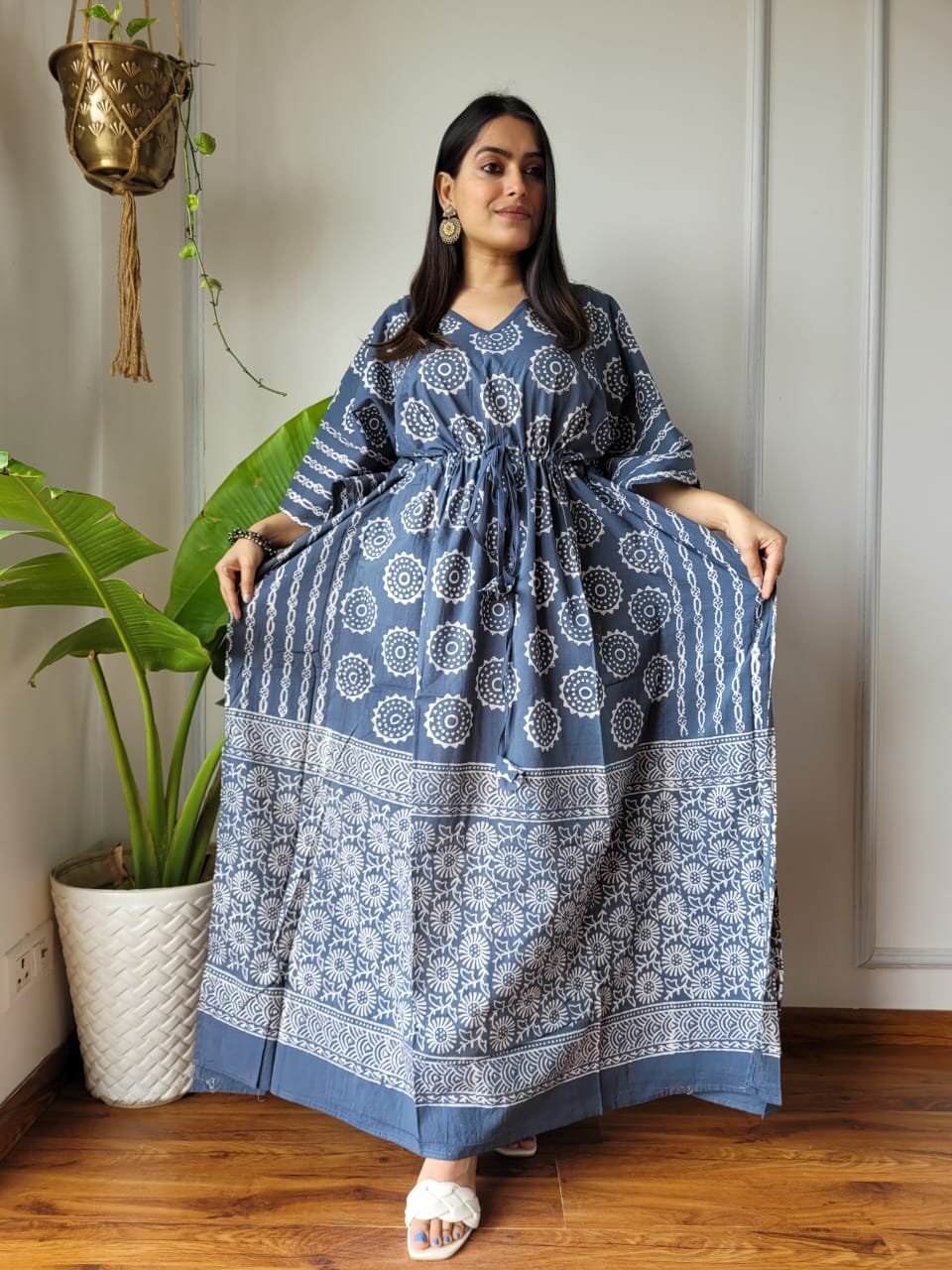 Rajasthani Bagru Cotton Long Kaftan Hand Block Printed-NS81