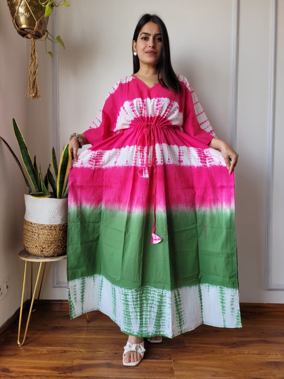 Rajasthani Tie Dye Cotton Long Kaftan Hand Block Printed-NS108