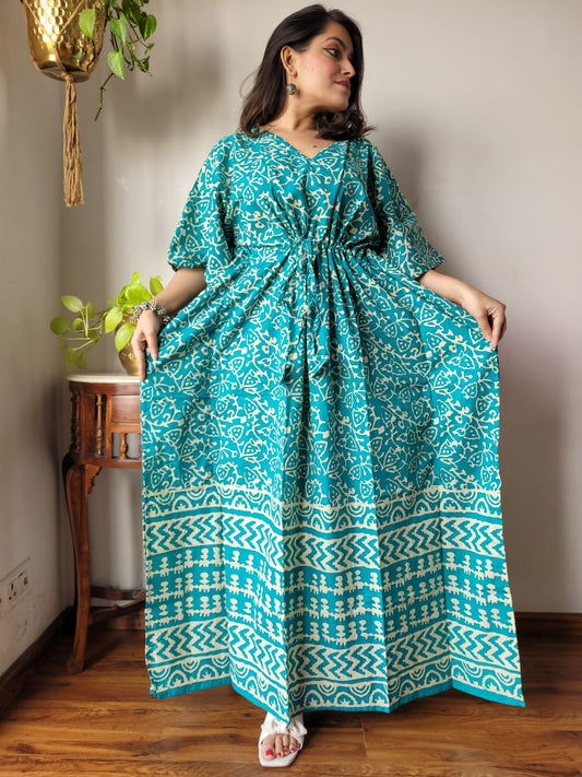 Rajasthani Sanganeri Cotton Long Kaftan Hand Block Printed-NS122