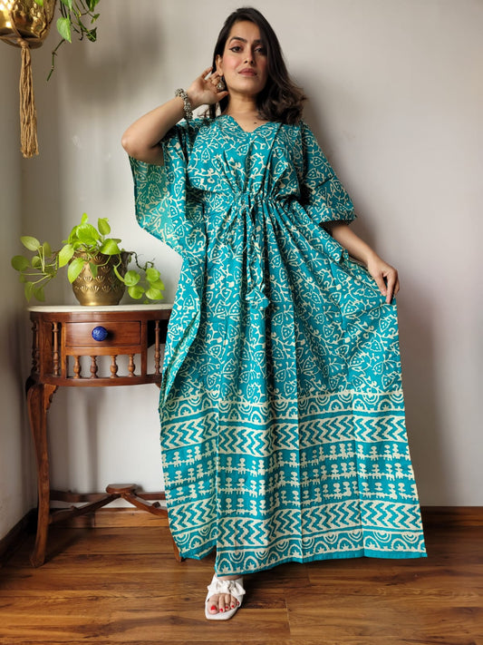 Rajasthani Sanganeri Cotton Long Kaftan Hand Block Printed-NS126