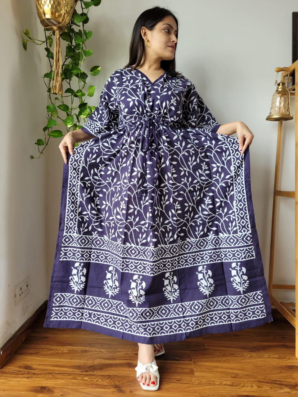 Rajasthani Bagru Cotton Long Kaftan Hand Block Printed-NS143