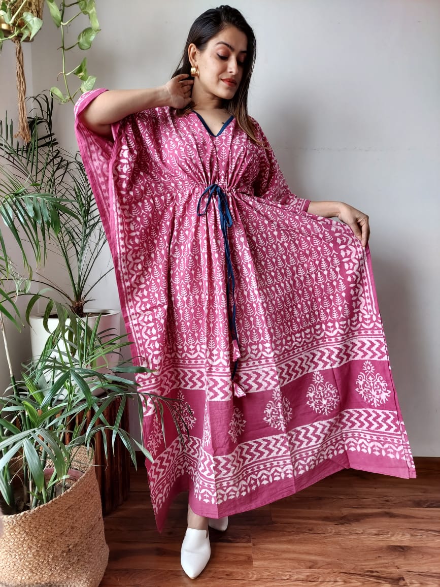 Rajasthani Sanganeri Cotton Long Kaftan Hand Block Printed-NS163