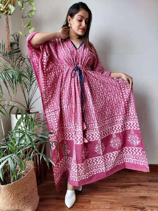 Rajasthani Sanganeri Cotton Long Kaftan Hand Block Printed-NS163