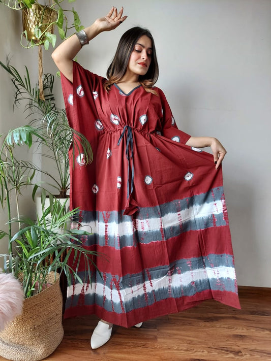 Rajasthani Tie Dye Cotton Long Kaftan Hand Block Printed-NS167