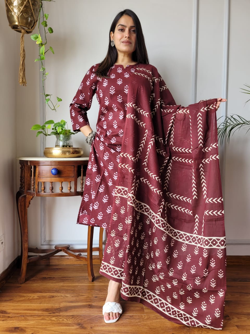 Rajasthani Bagru Cotton Suit Set 3pc Hand Block Printed-NS245