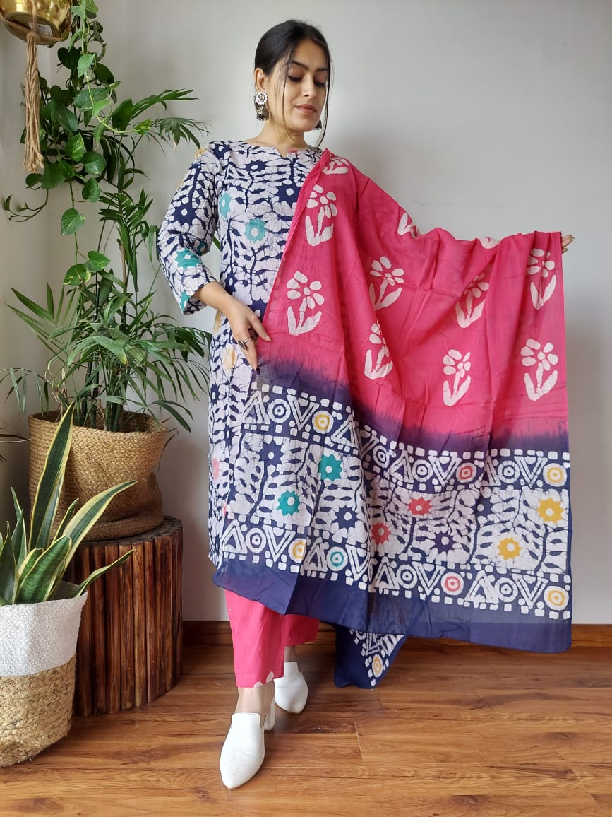 Rajasthani Tie Dye Cotton Suit Set 3pc Hand Block Printed-NS261