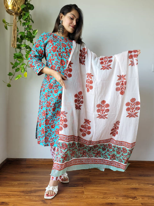 Rajasthani Bagru Cotton Suit Set 3pc Hand Block Printed-NS265